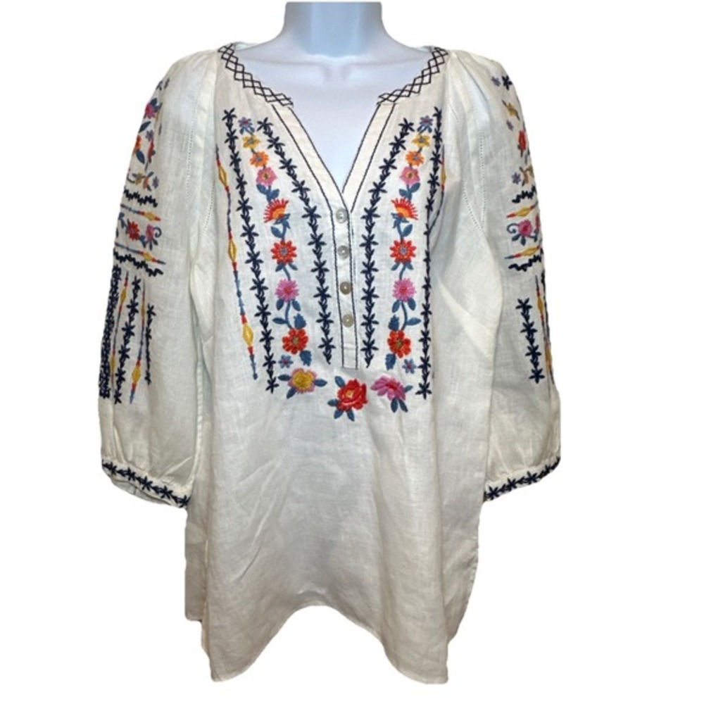 John Mark 100% Linen Embroidered Front & Back Top Blouse‎ Size Medium Boho